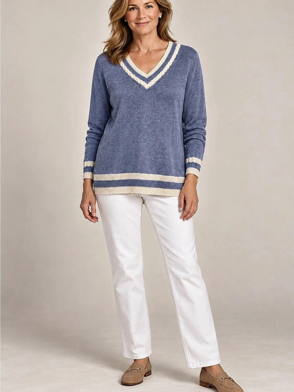 Talbots Linen V-Neck Cable Trim Striped Sweater Blue